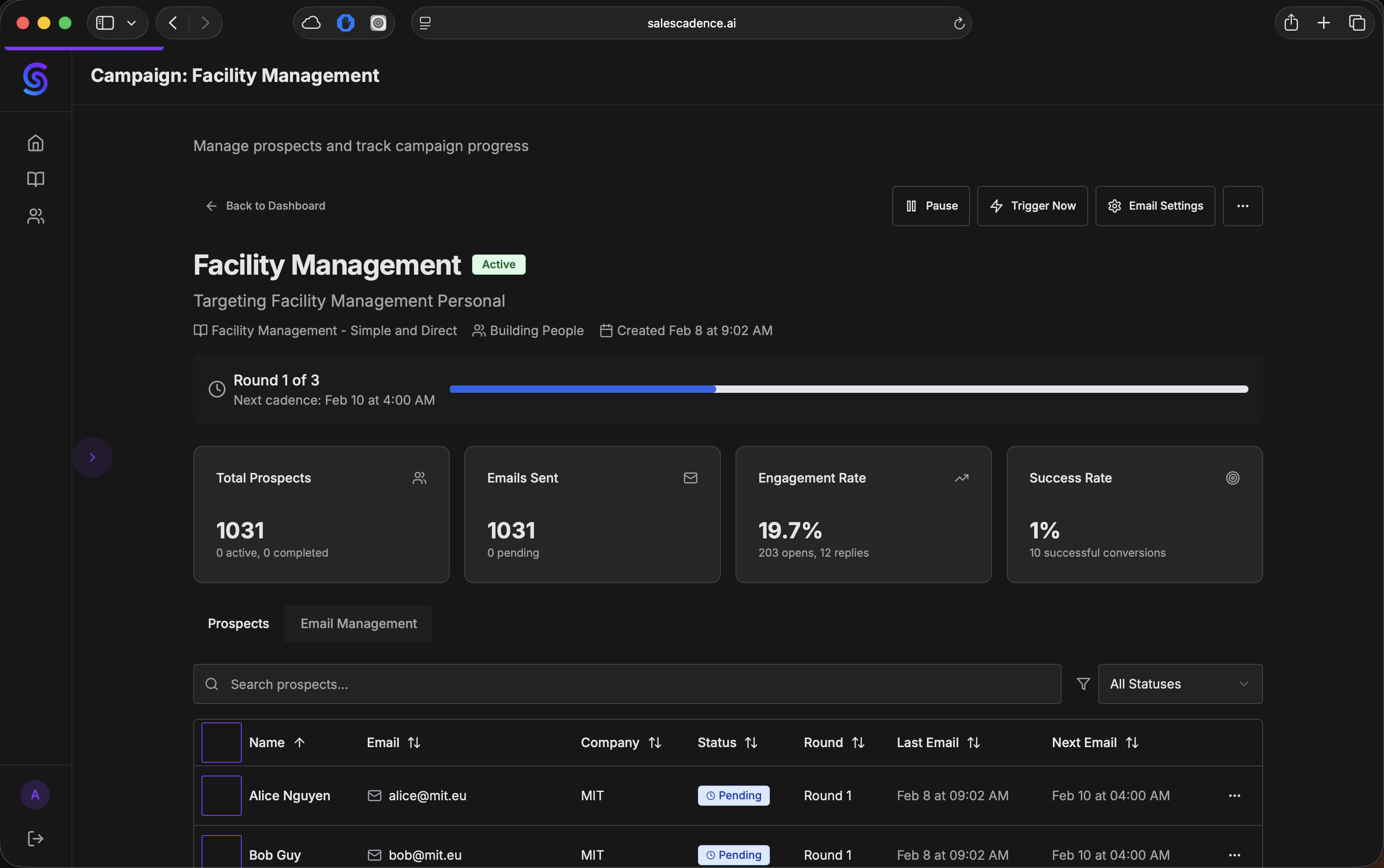 Campaign Dashboard — manage prospects, track progress, and view campaign KPIs